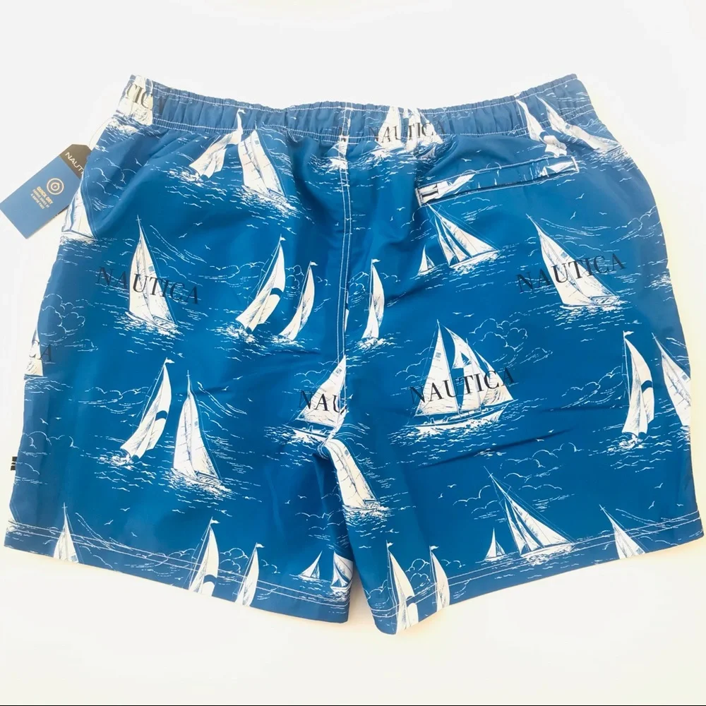 Nautica Vintage Sailboat Print Quick Dry Lined Swim Shorts Blue White Sz XXL NWT
